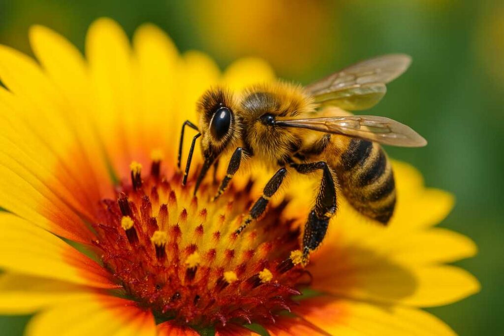 a close-up, colorful photo of a honey bee collecting pollen from a bright flower