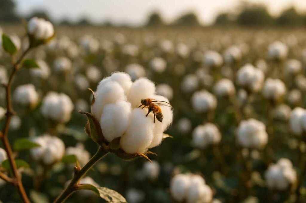 a field of cotton plants with a tiny bee resting on a flower