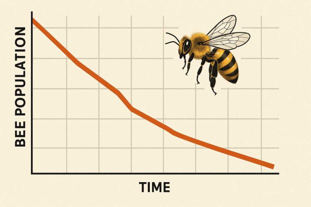 a graphic showing a sharp decline in bee population numbers over time on a graph