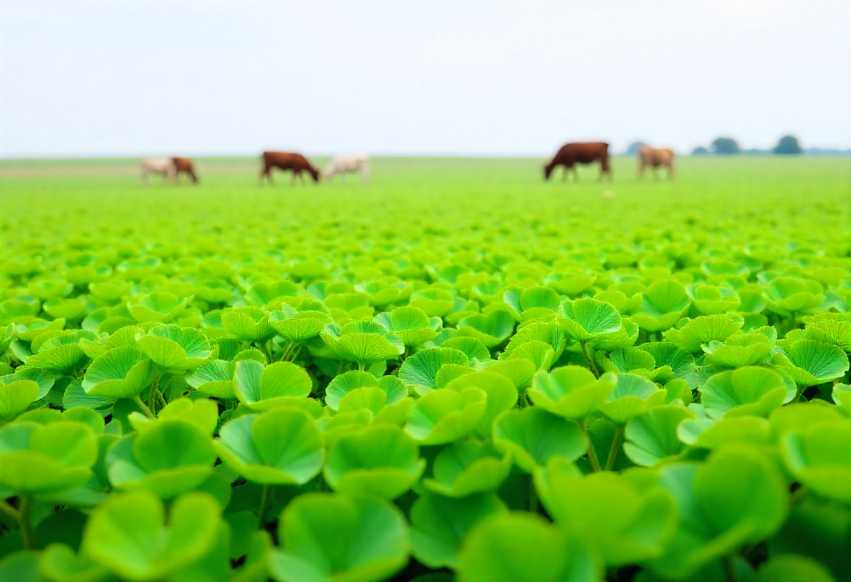 a green field of clover and alfalfa with a small herd of cattle grazing in the distance