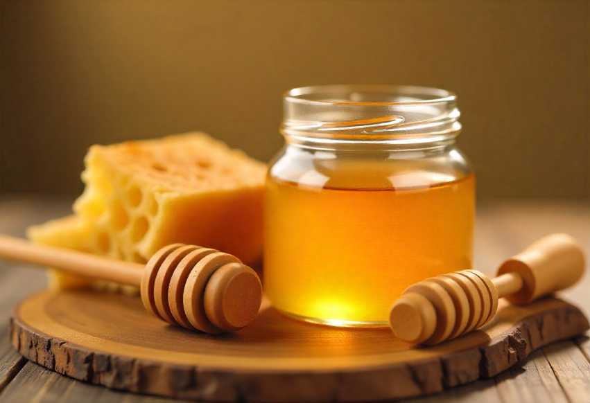 a jar of golden honey next to a honeycomb and a wooden dipper