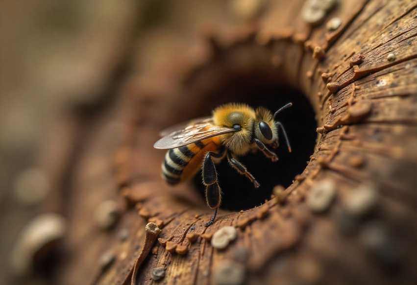 a solitary bee emerging from a small hole in a patch of dry wood