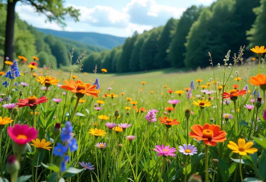 a vibrant natural landscape showing diverse wildflowers and a small patch of forest