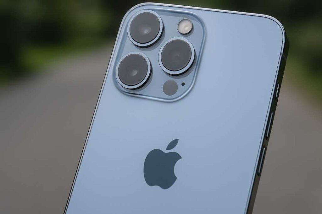 a close-up of the apple logo on the back of a sleek, modern iphone