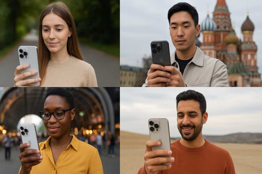 a diverse group of people using their iphones in different global settings, showing widespread use