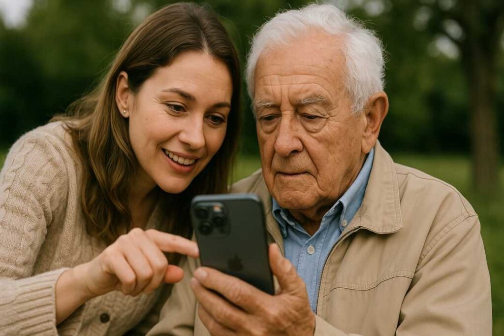 a family member helping an elderly relative use their iPhone easily