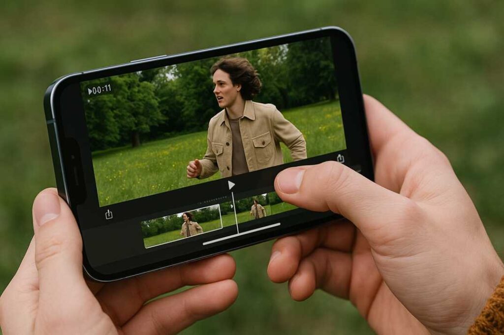 a person editing a high-quality video on an iphone, showcasing the camera and processing power.